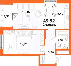 2-к квартира, строящийся дом, 50м2, 11/24 этаж