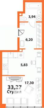 1-к квартира, строящийся дом, 33м2, 3/24 этаж