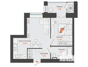 1-к квартира, вторичка, 43м2, 3/9 этаж