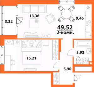2-к квартира, строящийся дом, 50м2, 22/24 этаж