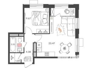 2-к квартира, вторичка, 42м2, 17/24 этаж