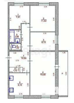 4-к квартира, вторичка, 74м2, 4/9 этаж