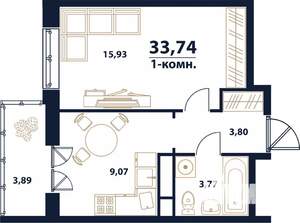 1-к квартира, вторичка, 34м2, 12/16 этаж