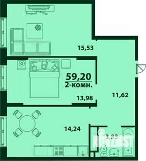 2-к квартира, строящийся дом, 59м2, 2/24 этаж