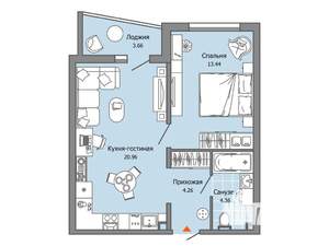 1-к квартира, вторичка, 45м2, 1/9 этаж