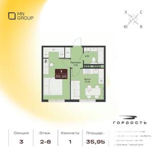 1-к квартира, вторичка, 36м2, 2/9 этаж