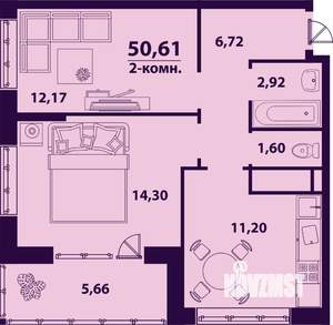 2-к квартира, строящийся дом, 51м2, 11/24 этаж