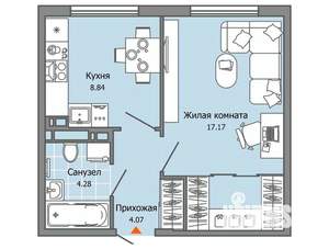 1-к квартира, строящийся дом, 34м2, 3/9 этаж
