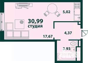 1-к квартира, строящийся дом, 31м2, 17/24 этаж