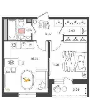 2-к квартира, вторичка, 38м2, 3/16 этаж