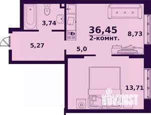 2-к квартира, строящийся дом, 36м2, 22/24 этаж