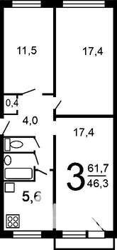 3-к квартира, вторичка, 59м2, 3/5 этаж