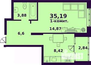 1-к квартира, строящийся дом, 35м2, 16/24 этаж