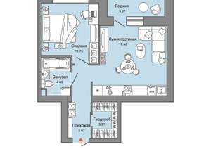 1-к квартира, строящийся дом, 45м2, 3/9 этаж