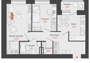 2-к квартира, строящийся дом, 53м2, 6/9 этаж