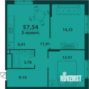3-к квартира, строящийся дом, 58м2, 3/24 этаж