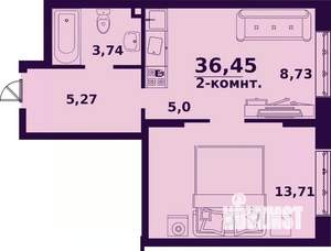 2-к квартира, строящийся дом, 36м2, 17/24 этаж