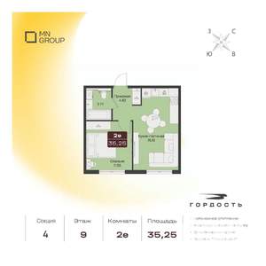 2-к квартира, вторичка, 35м2, 9/9 этаж