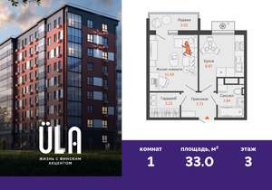 1-к квартира, вторичка, 33м2, 3/9 этаж