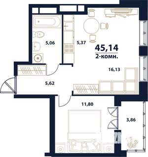 2-к квартира, строящийся дом, 45м2, 1/16 этаж