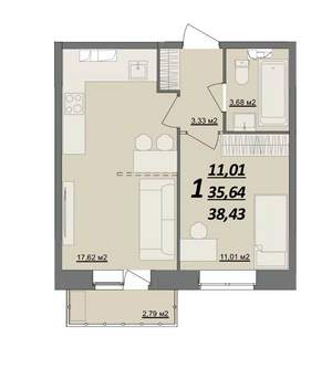 1-к квартира, сданный дом, 38м2, 4/10 этаж