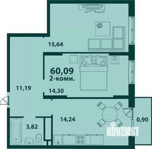 2-к квартира, строящийся дом, 60м2, 22/24 этаж