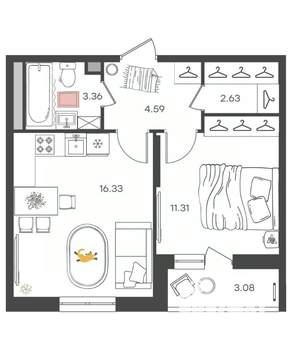 2-к квартира, вторичка, 38м2, 9/16 этаж