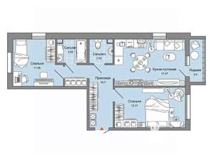 2-к квартира, вторичка, 63м2, 1/6 этаж