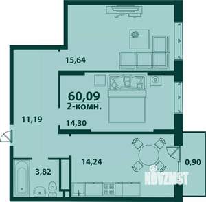 2-к квартира, строящийся дом, 60м2, 24/24 этаж