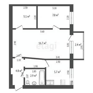 2-к квартира, вторичка, 43м2, 3/3 этаж
