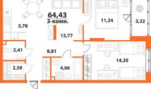 3-к квартира, вторичка, 64м2, 22/24 этаж
