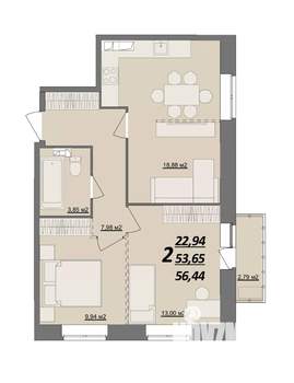 2-к квартира, сданный дом, 56м2, 3/10 этаж