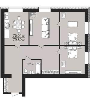 3-к квартира, строящийся дом, 79м2, 3/6 этаж