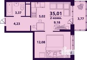 2-к квартира, строящийся дом, 35м2, 13/24 этаж