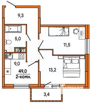 2-к квартира, строящийся дом, 49м2, 16/16 этаж