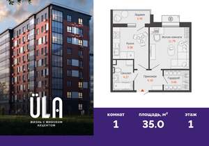 1-к квартира, вторичка, 35м2, 1/9 этаж