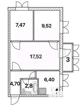 3-к квартира, вторичка, 49м2, 2/5 этаж