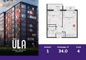 1-к квартира, вторичка, 34м2, 4/9 этаж