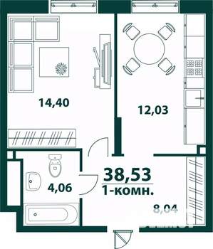 1-к квартира, строящийся дом, 39м2, 22/24 этаж