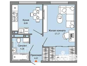 1-к квартира, строящийся дом, 34м2, 3/7 этаж