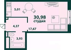1-к квартира, строящийся дом, 31м2, 24/24 этаж