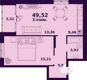 2-к квартира, строящийся дом, 50м2, 23/24 этаж