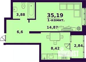 1-к квартира, строящийся дом, 35м2, 23/24 этаж