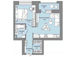 1-к квартира, строящийся дом, 45м2, 3/6 этаж