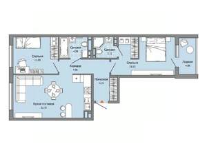 2-к квартира, строящийся дом, 67м2, 7/9 этаж