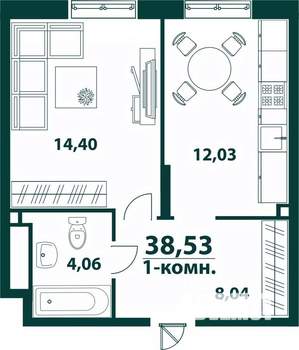 1-к квартира, строящийся дом, 39м2, 21/24 этаж