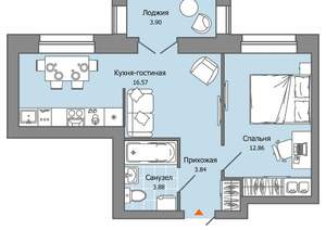 1-к квартира, строящийся дом, 39м2, 4/9 этаж
