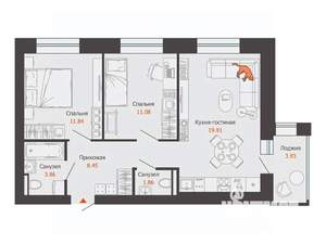 2-к квартира, вторичка, 59м2, 5/6 этаж