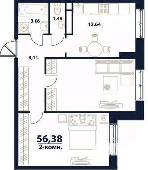 2-к квартира, вторичка, 56м2, 7/16 этаж