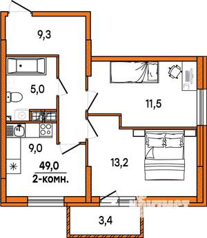 2-к квартира, строящийся дом, 49м2, 2/16 этаж